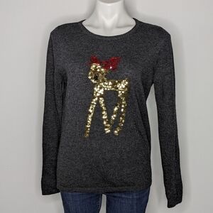 Antoni & Alison grey red gold sequin reindeer Christmas winter holiday sweater L